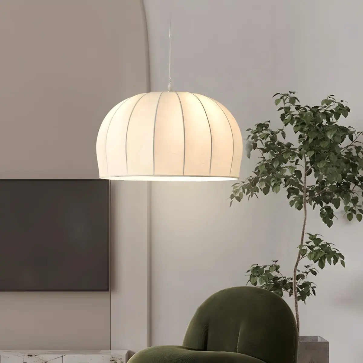aeron silk pendant lamp hanging in livingroom