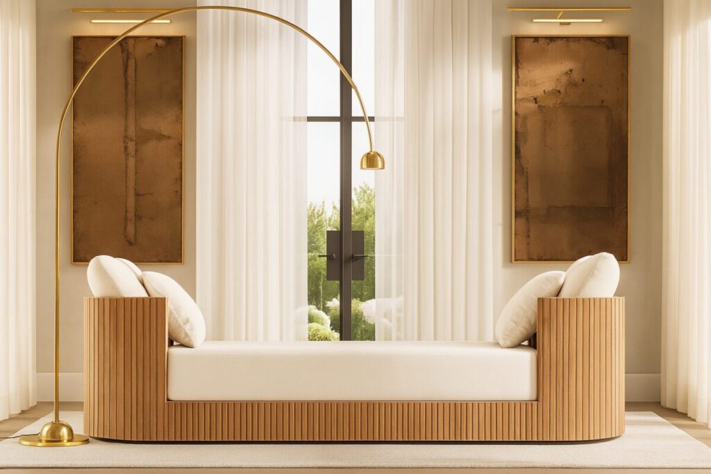 arc floor lampis placed next to a modern sofa