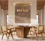Two tier chandelier hanging in the center of the room