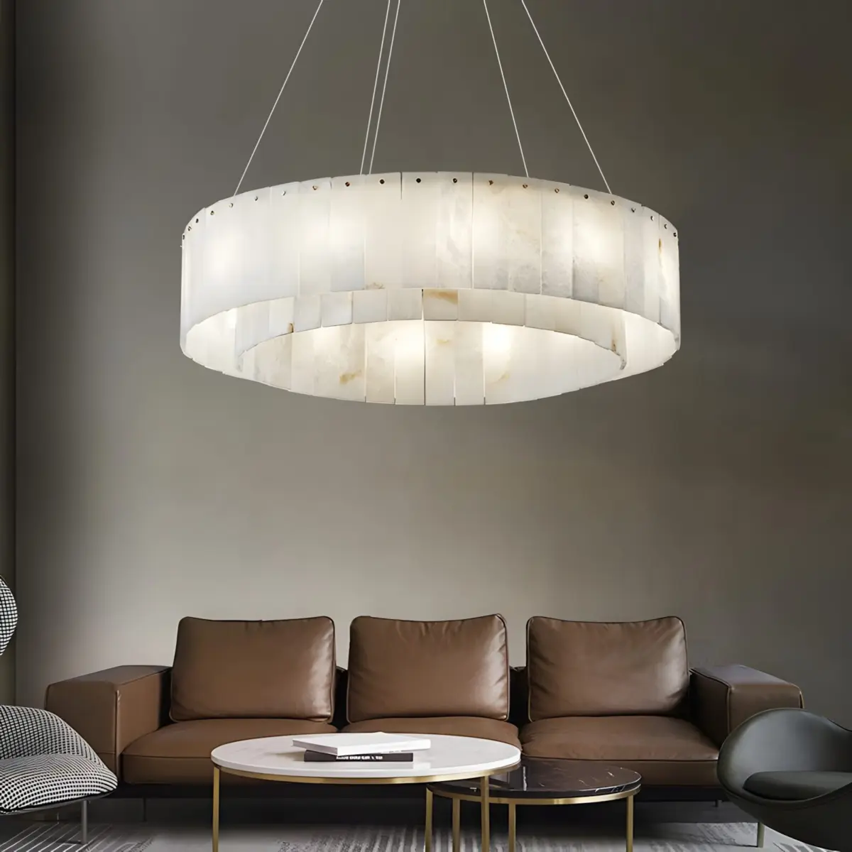 arlene alabaster chandelier sofa scene