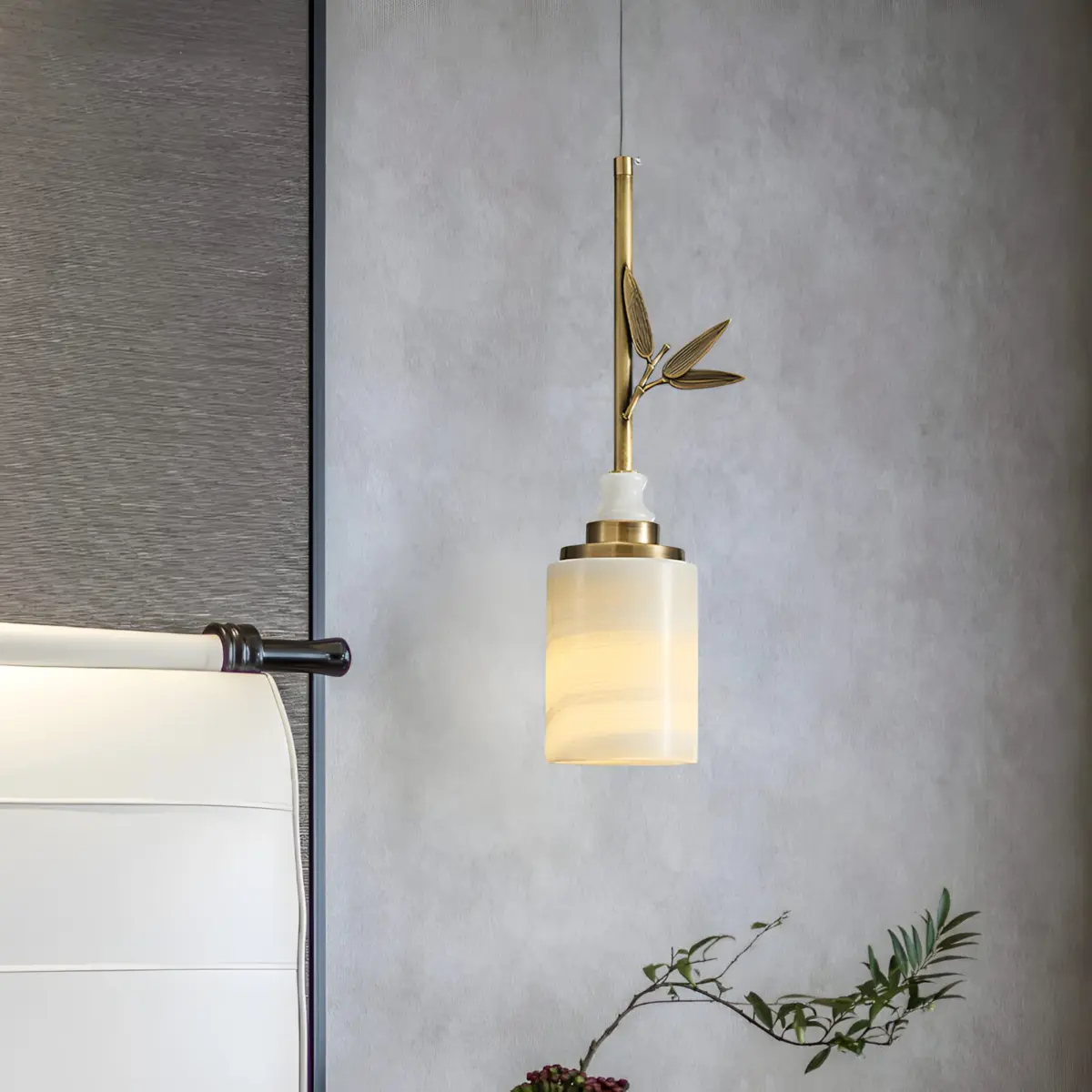 bamboo leaf marble lampshade pendant light hanging from ceiling