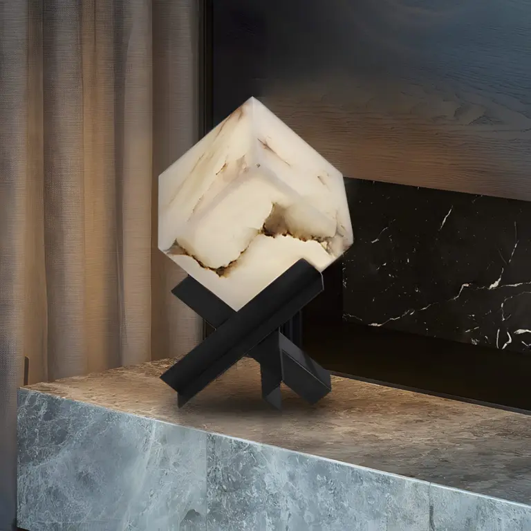 caelus marble table lamp placed on a marble counter