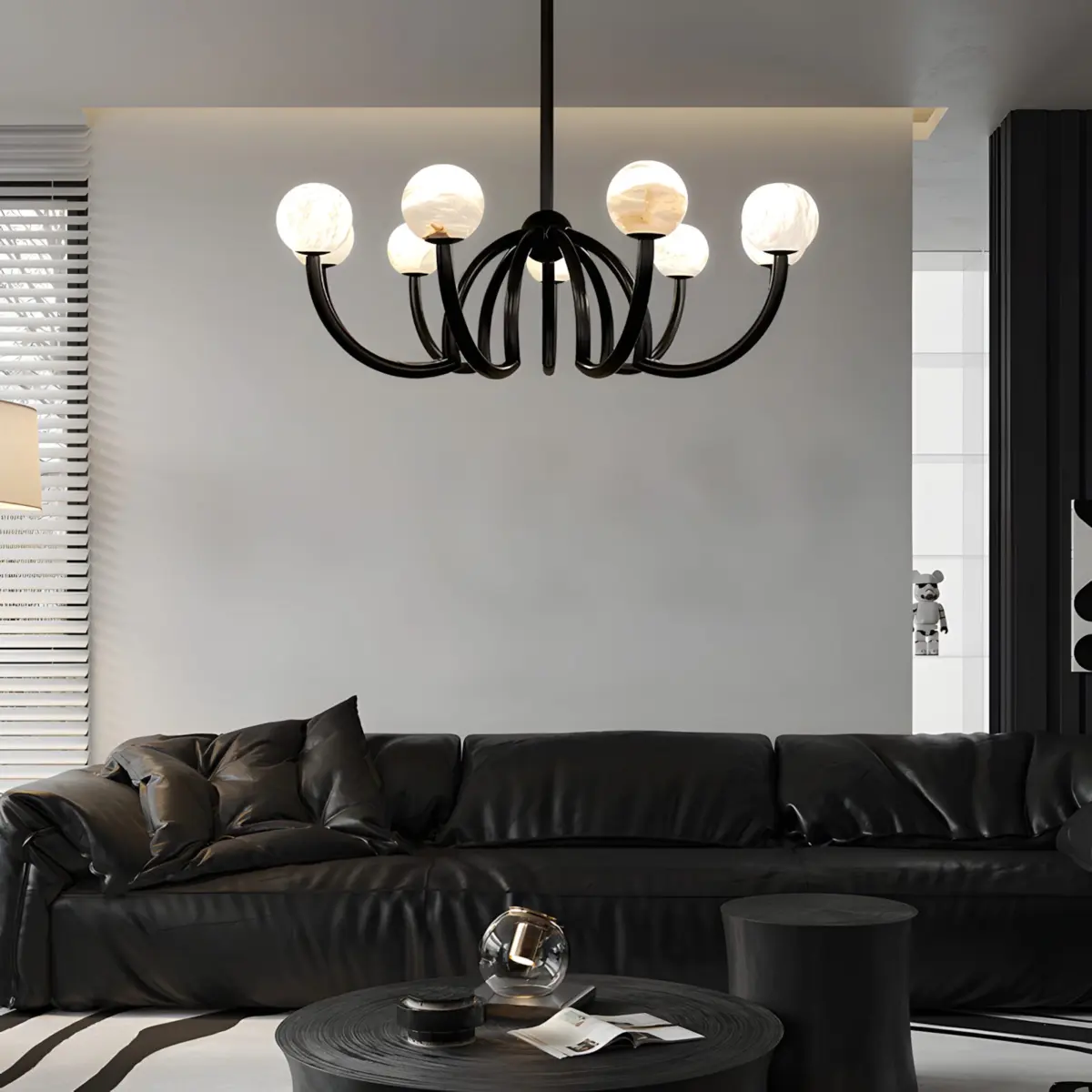 black cluster ball chandelier in a black theme livingroom