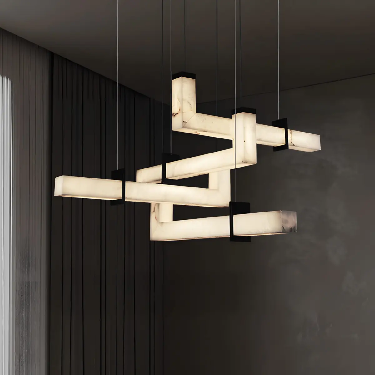 combined l-shaped chandelier hanging from ceiling