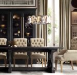 diamond crystal lamp is hanging above the dining table