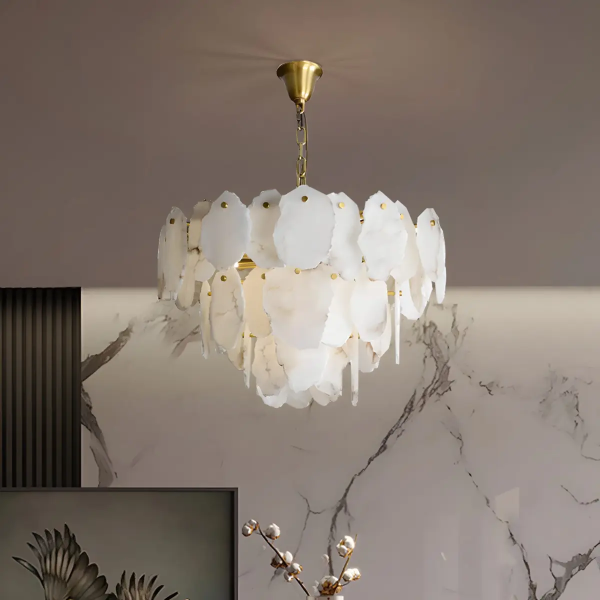 Gloire petal chandelier hanging from the ceiling
