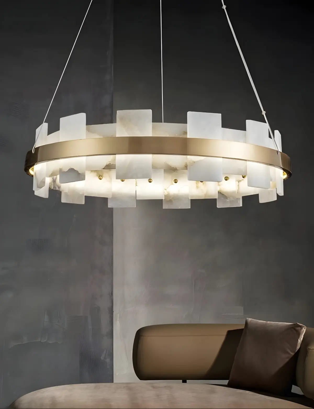 Gold ring chandelier hanging from the ceiling