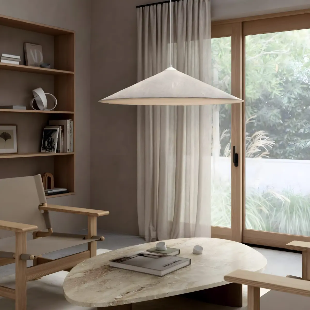 hill white silk pendant light hanging in living room