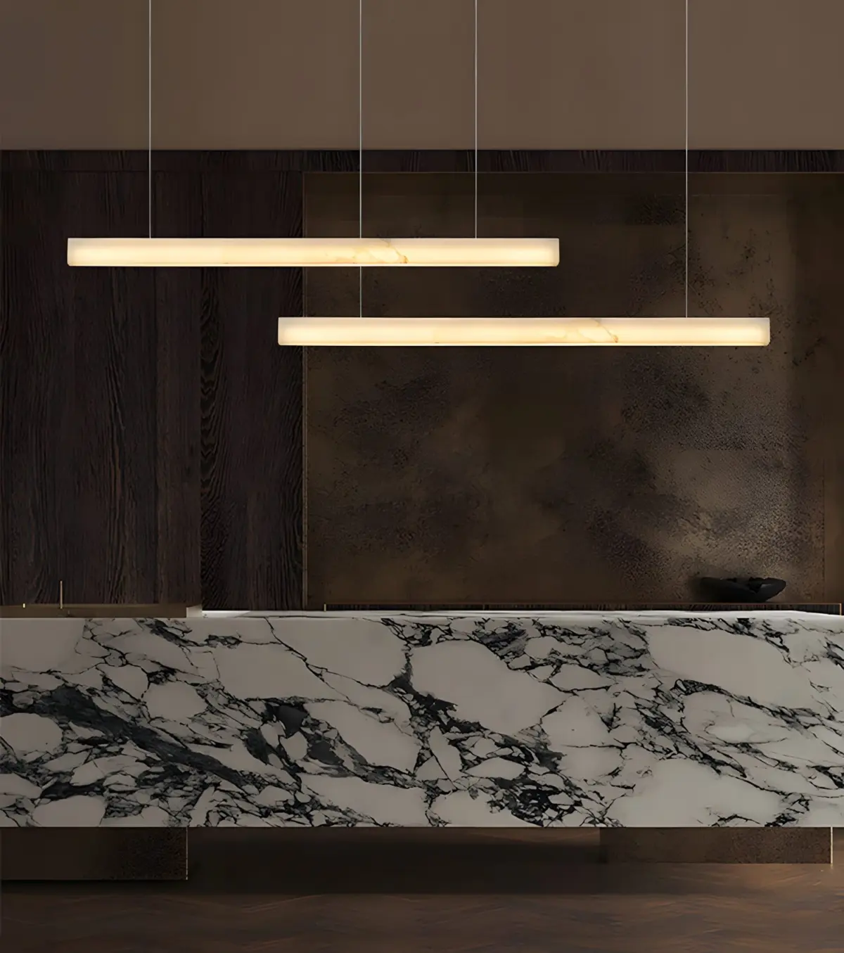 I-linear marble pendant light hanging at reception area