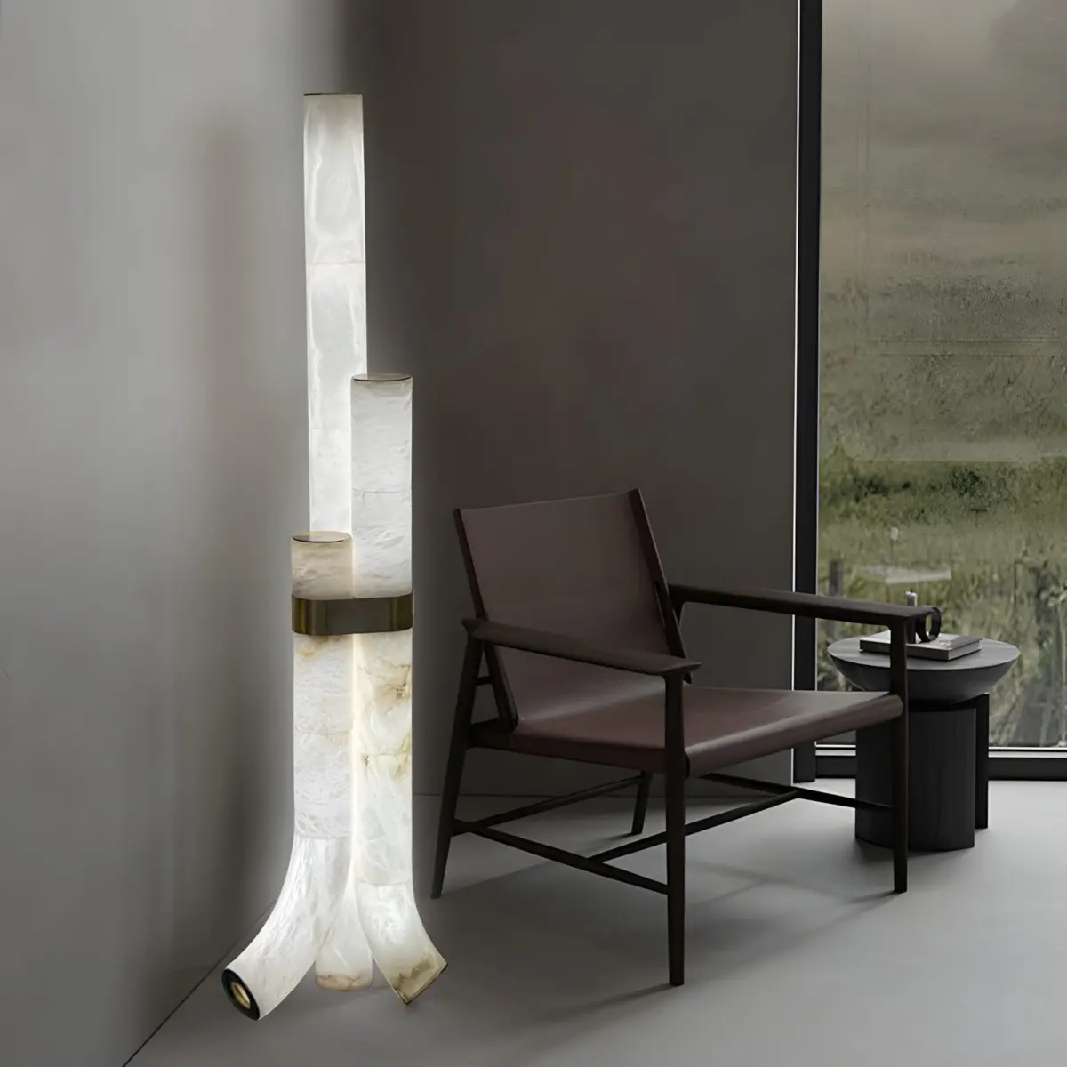 lyra piped floor lamp next to a chair