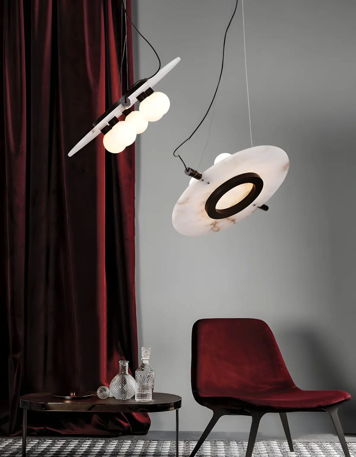 magma alabaster pendant light hanging in a small corner
