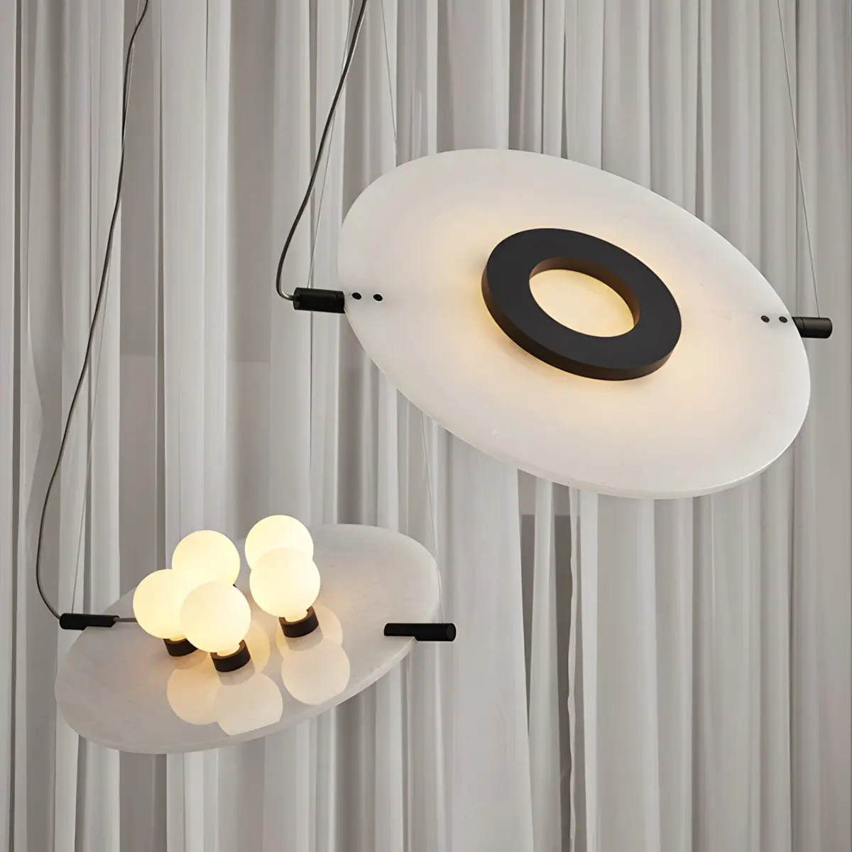 magma alabaster pendant light hanging from the ceiling