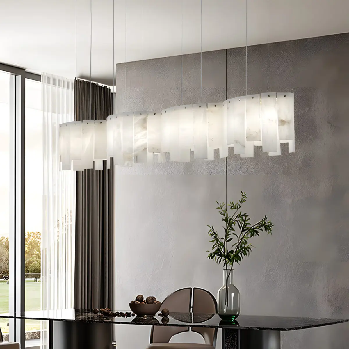 mara alabaster chandelier hanging in dining room