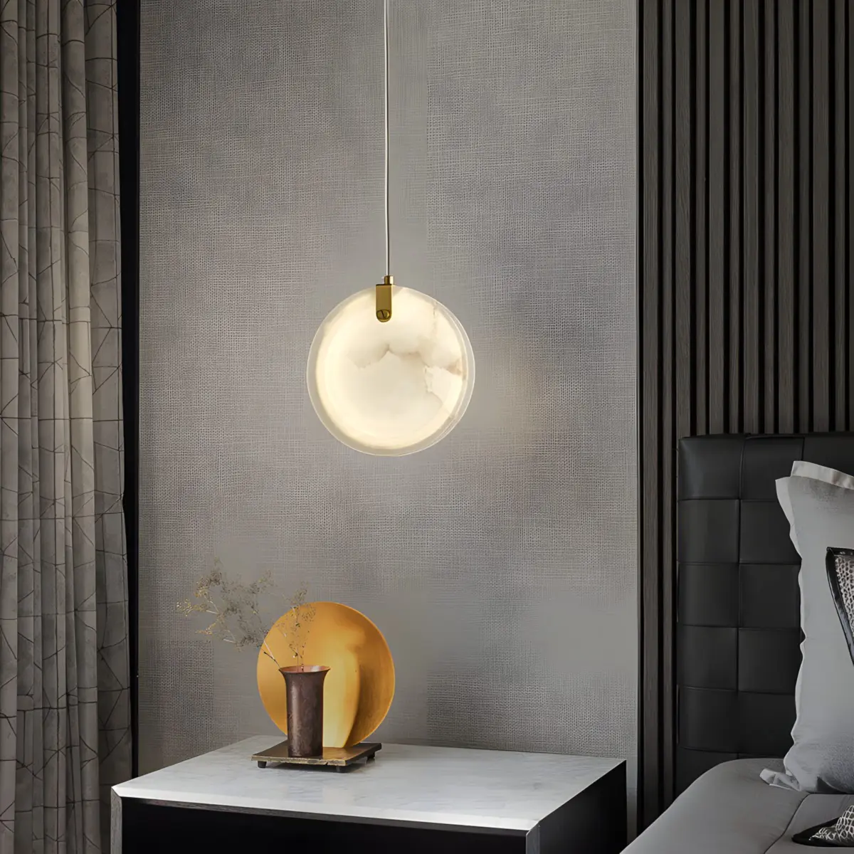 marble plate pendant light hanging at the bedside