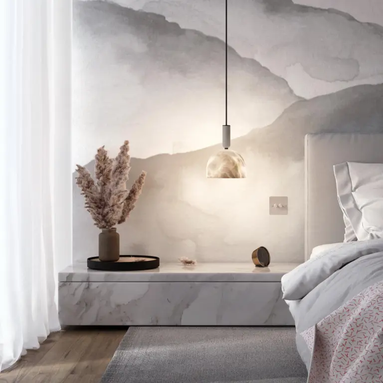 oki pendant light hanging beside the bed