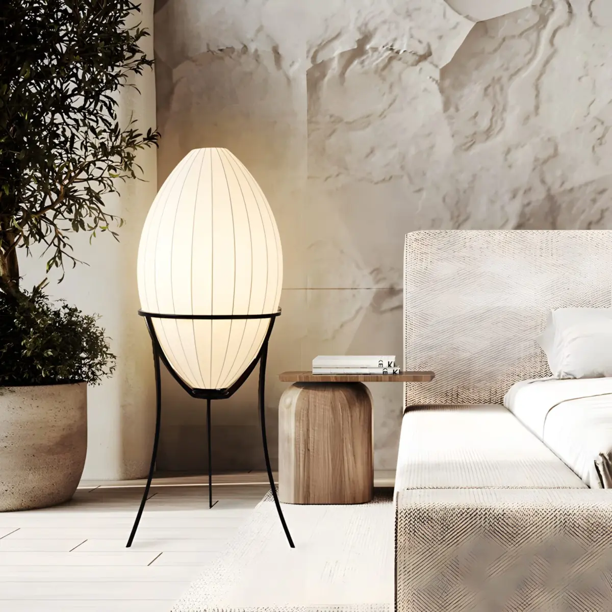renée egg shaped floor lamp near sofa