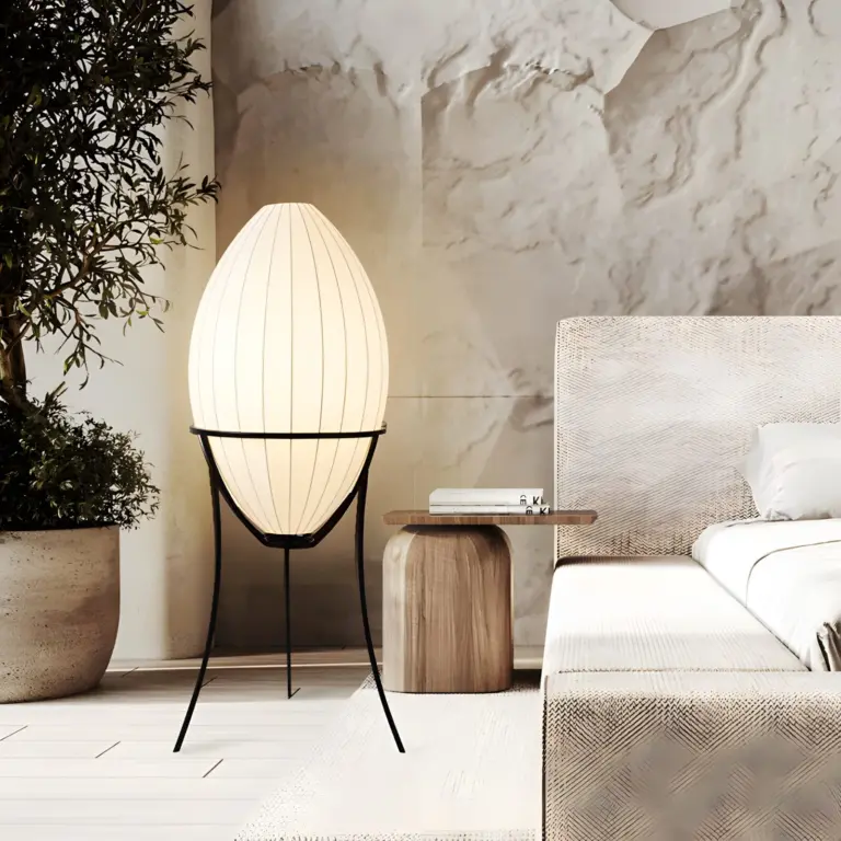 renée egg shaped floor lamp near sofa