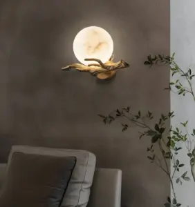 retro twigs wall lamp mounted above the sofa