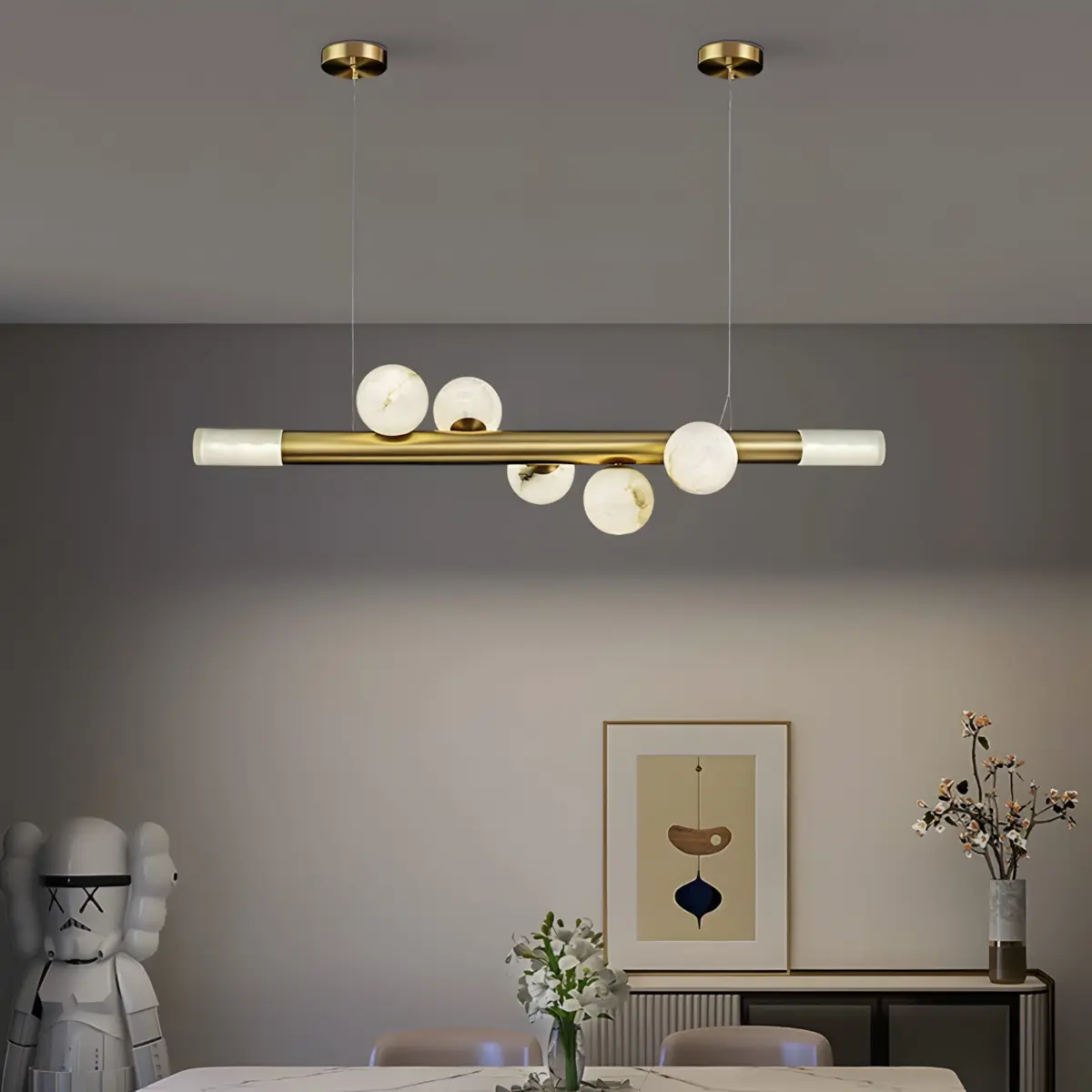 RoMi carrara pendant light hanging from the ceiling
