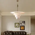 spiral fabric pendant light hanging from ceiling