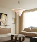 spiral fabric pendant light hanging in living room