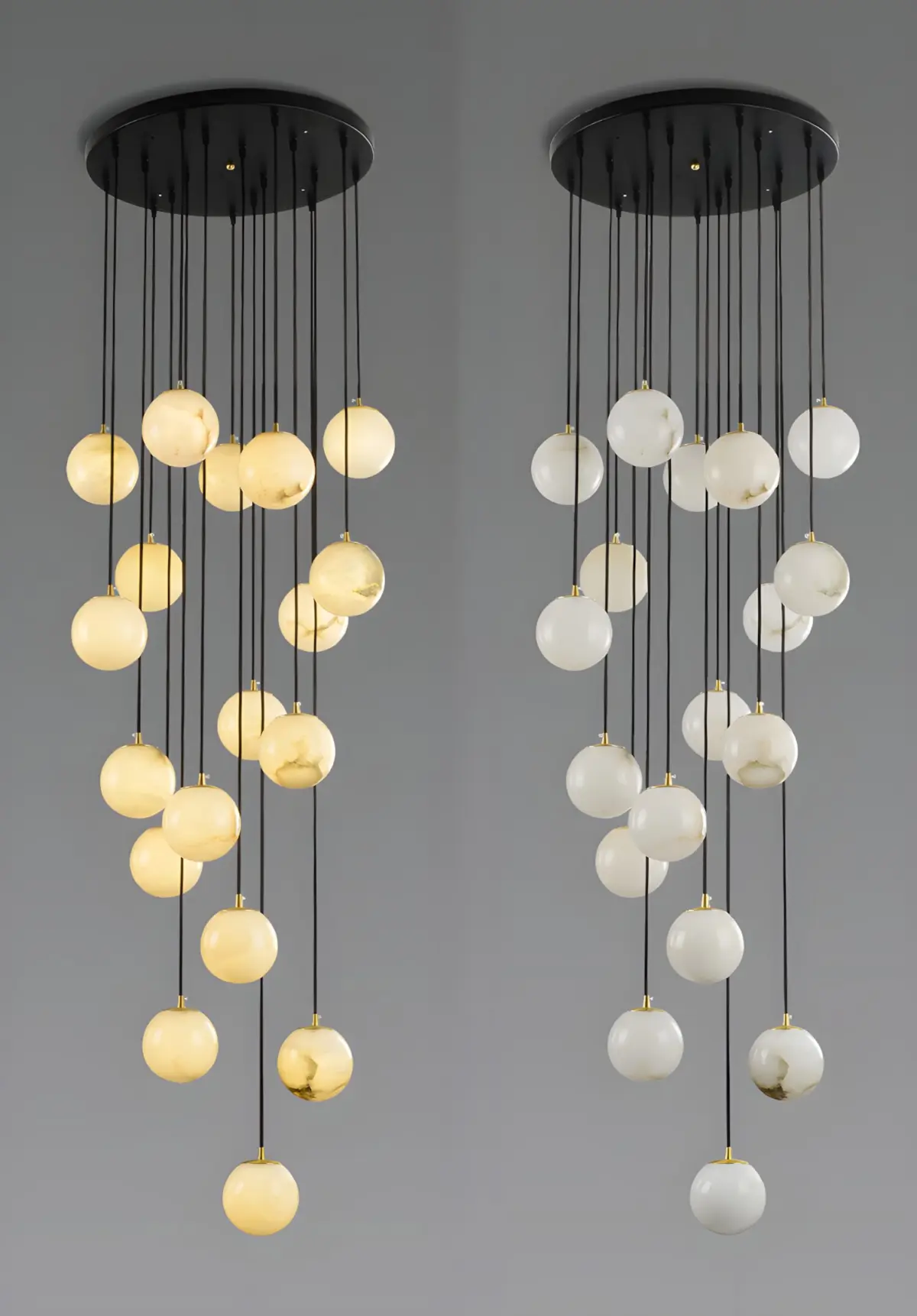 villa ball suspension chandelier light on and light off comparison