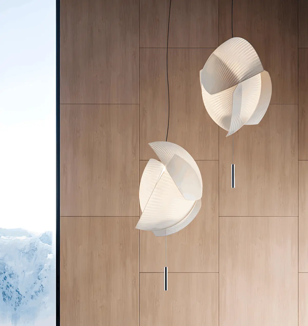 two akio voiles pendant light hanging from ceiling