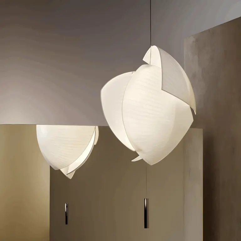 akio voiles pendant light hanging in front of mirror
