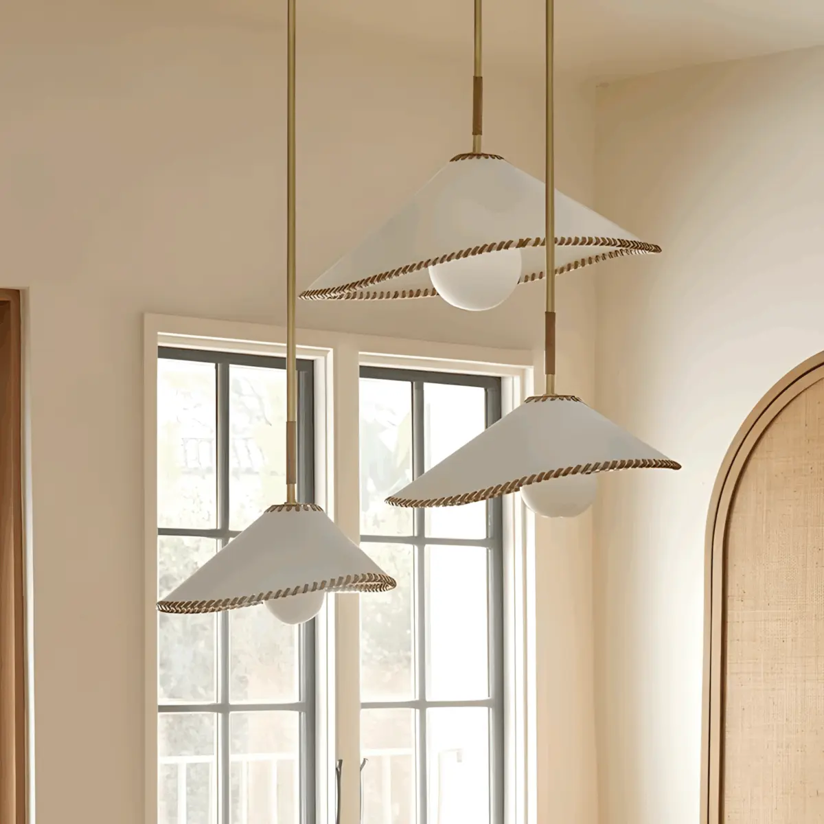 three arroyo fabric pendant light group from the ceiling