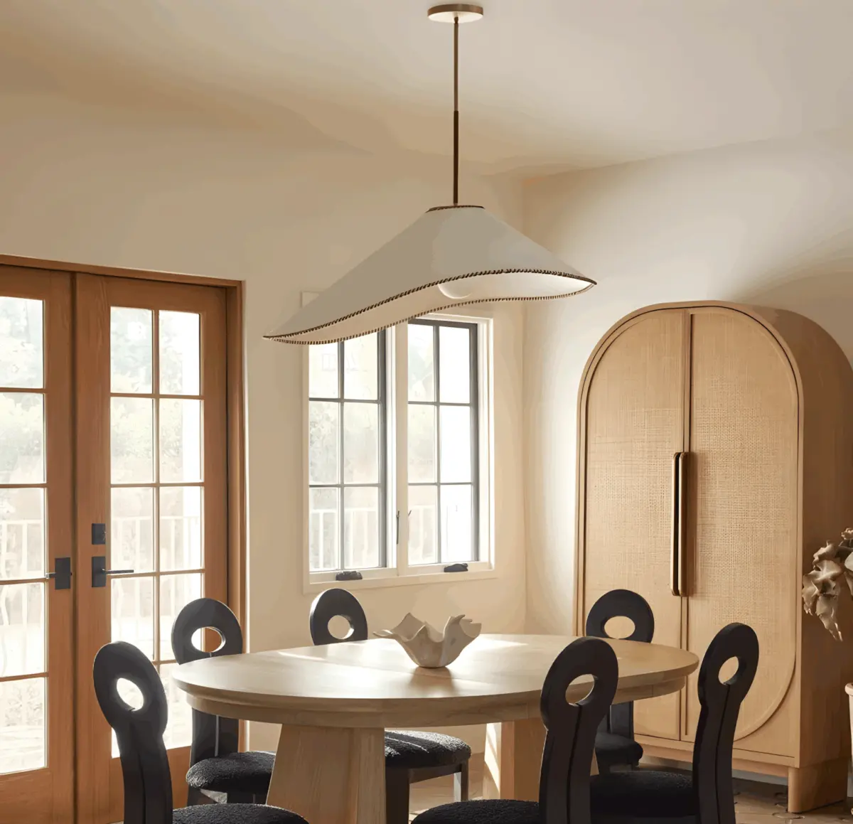 arroyo fabric pendant light hanging in dining room