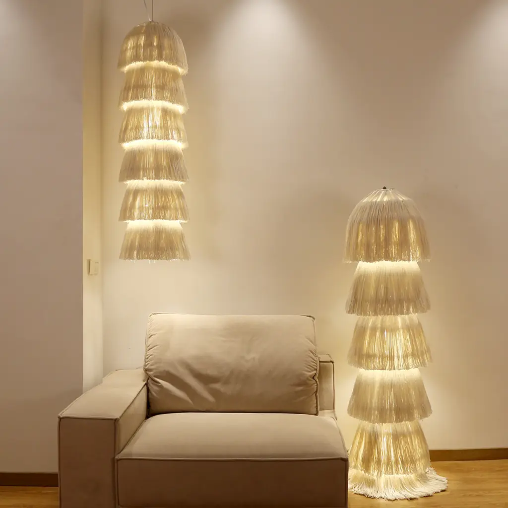 boho yarn floor lamp and boho yarn pendant light