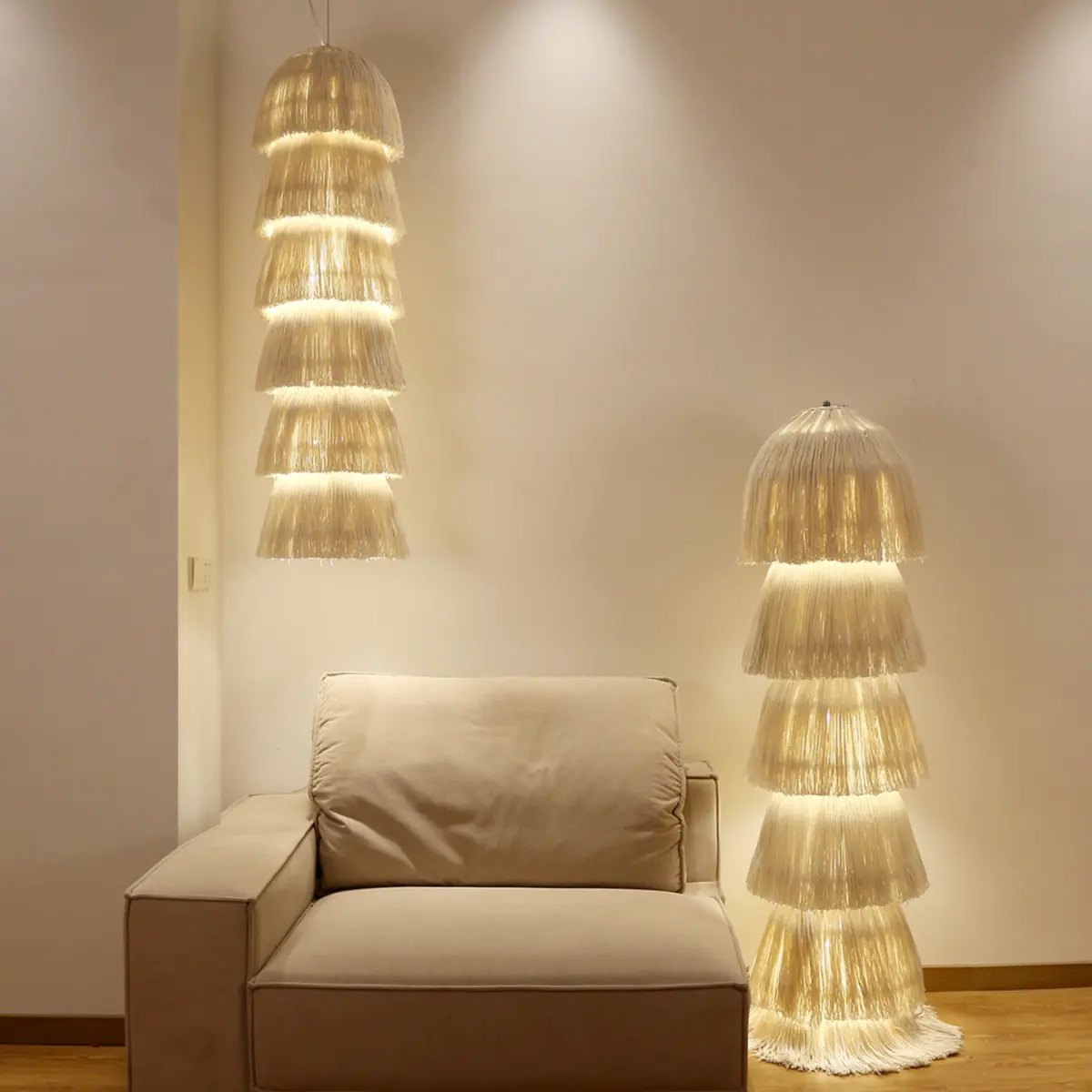 boho yarn floor lamp and boho yarn pendant light