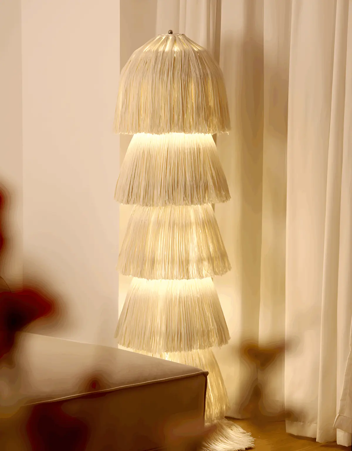 lighted boho yarn floor lamp in the coner