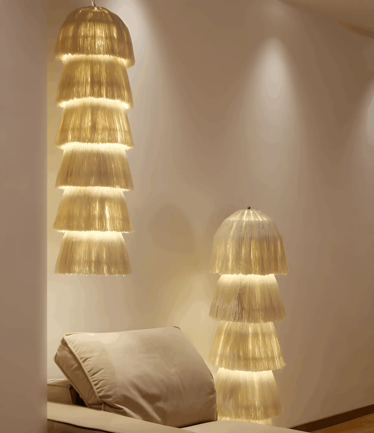 lighted boho yarn floor lamp and boho yarn pendant light
