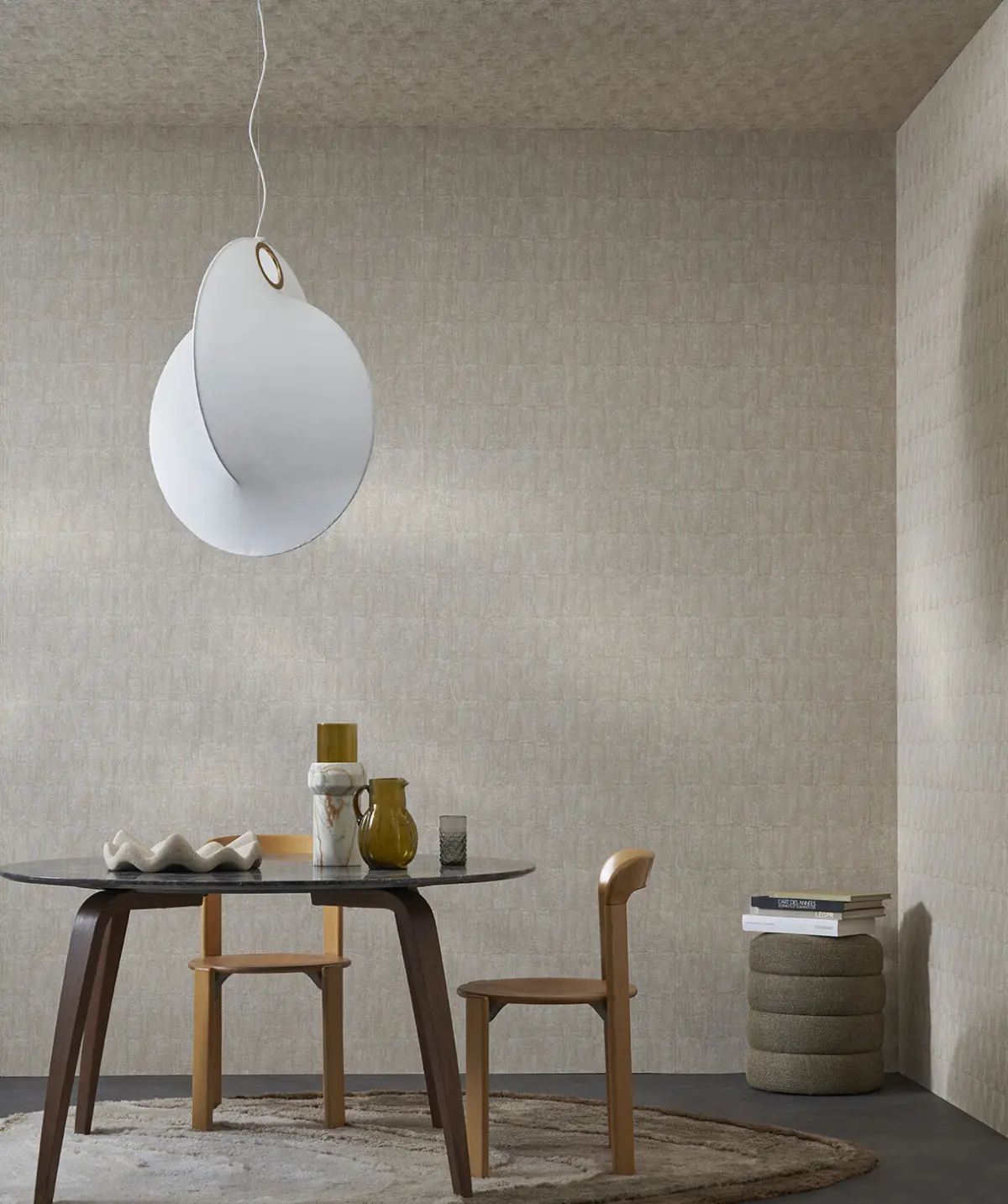 flos overlap silk made pendant light hanging above small table