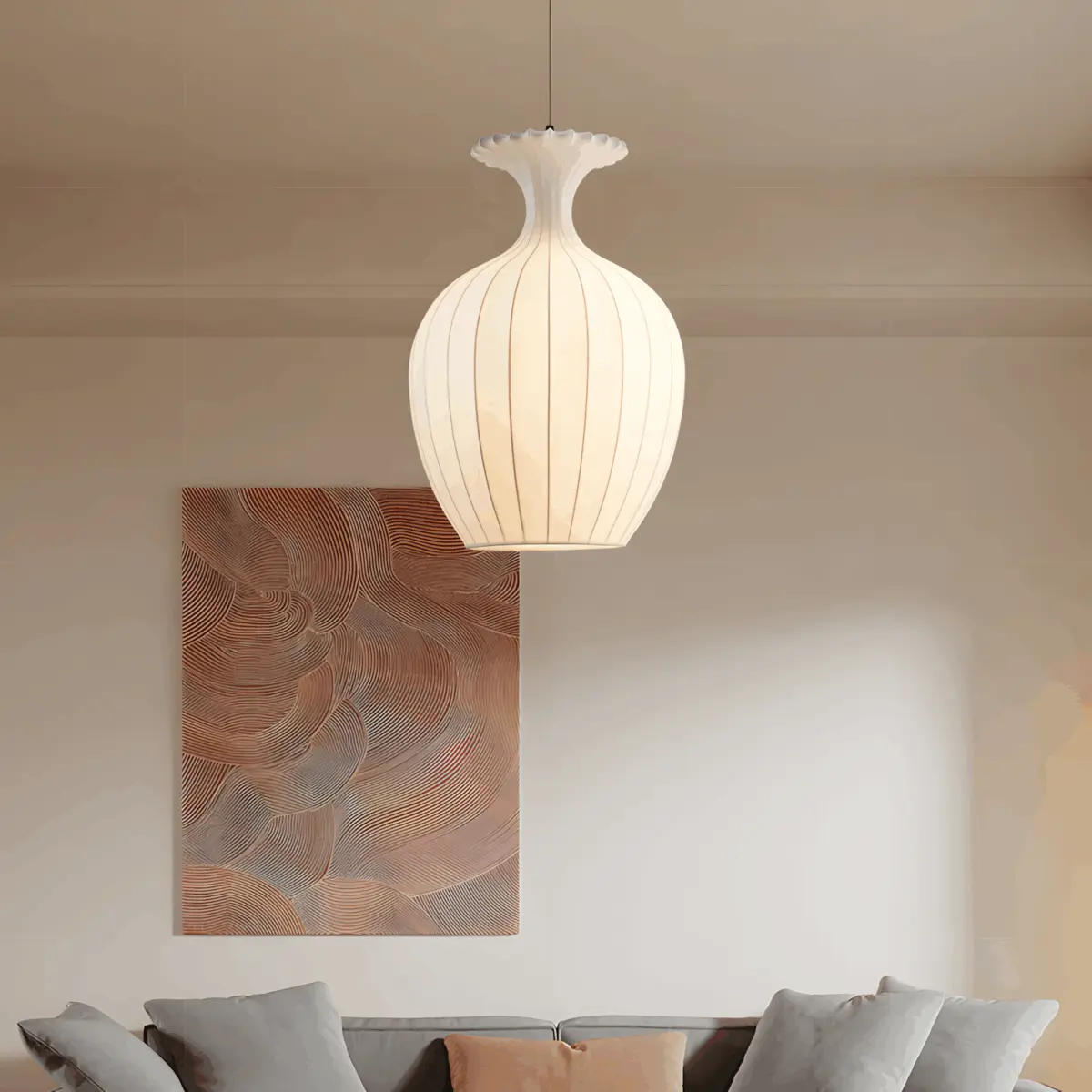oinos silk made lantern hanging in living room