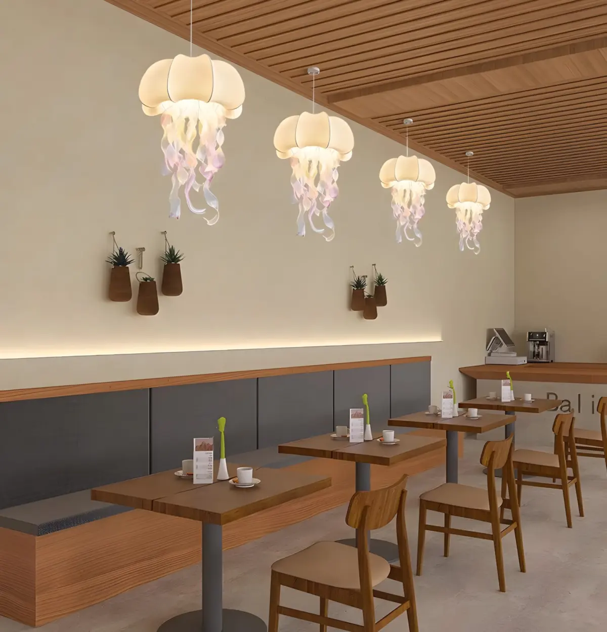 four polisoto jellyfish silk pendant light hanging in a restaurant