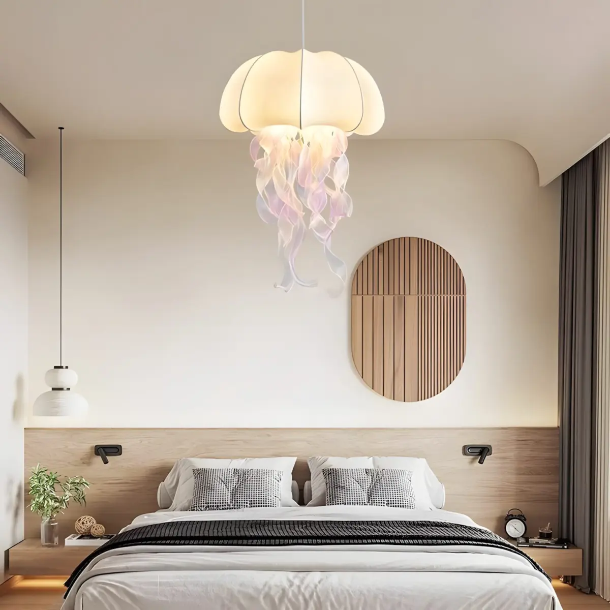 polisoto jellyfish silk pendant light hanging in the middle of bedroom