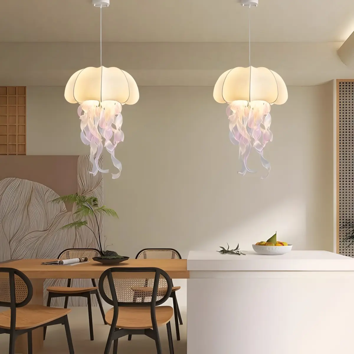 two polisoto jellyfish silk pendant light hanging above counter island