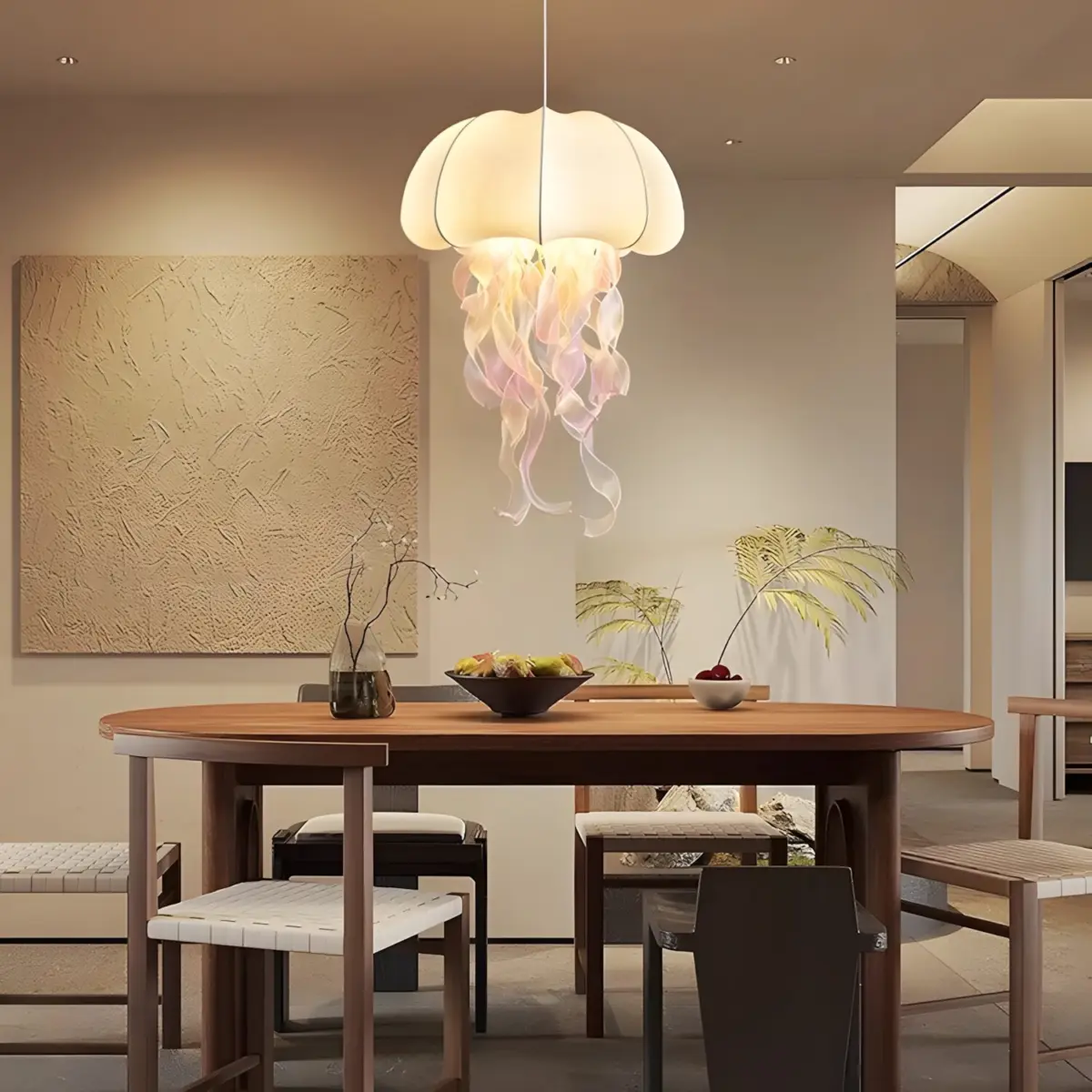 polisoto jellyfish silk pendant light hanging above dining table