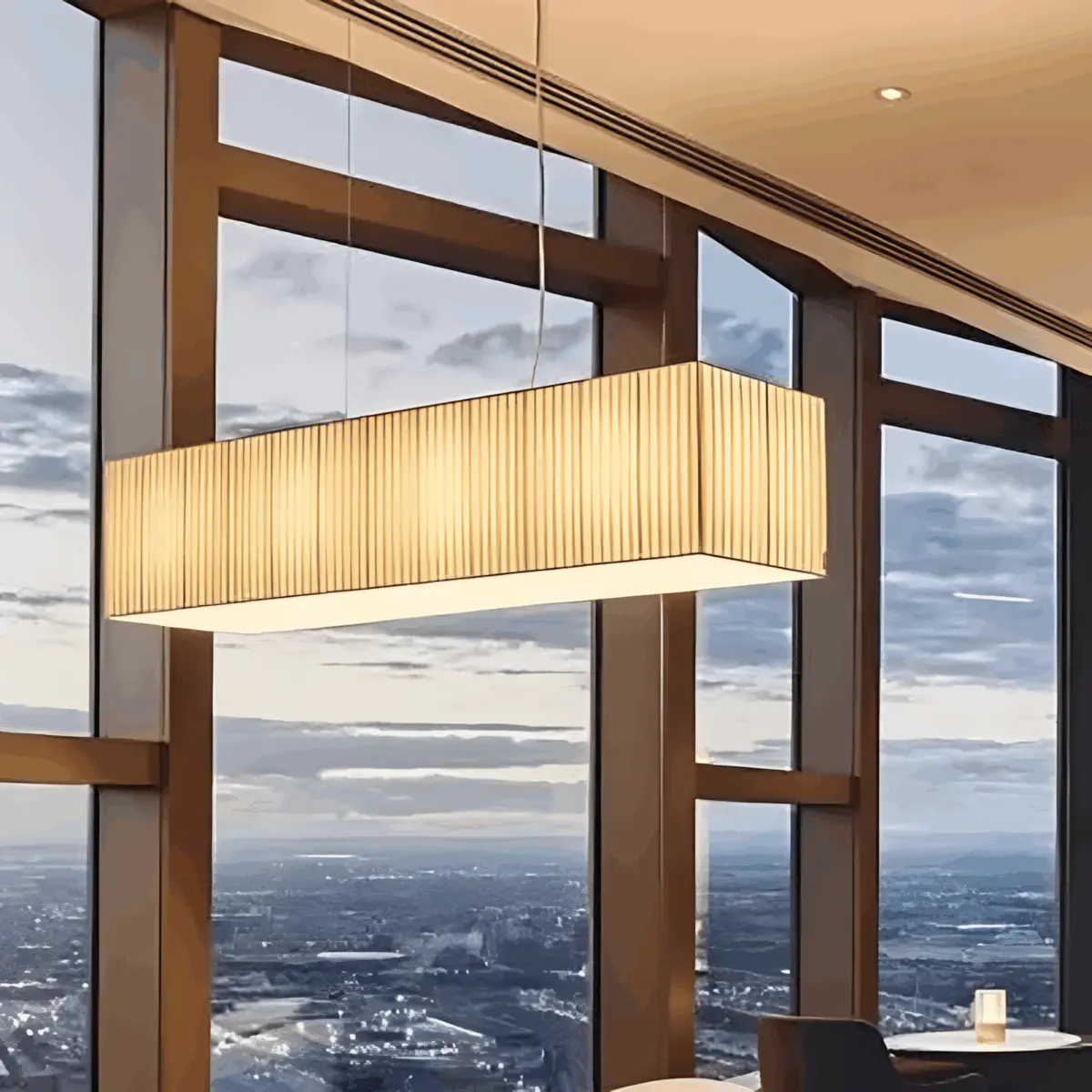 rettangolo large pendant hanging in a Floor-to-ceiling window restaurant