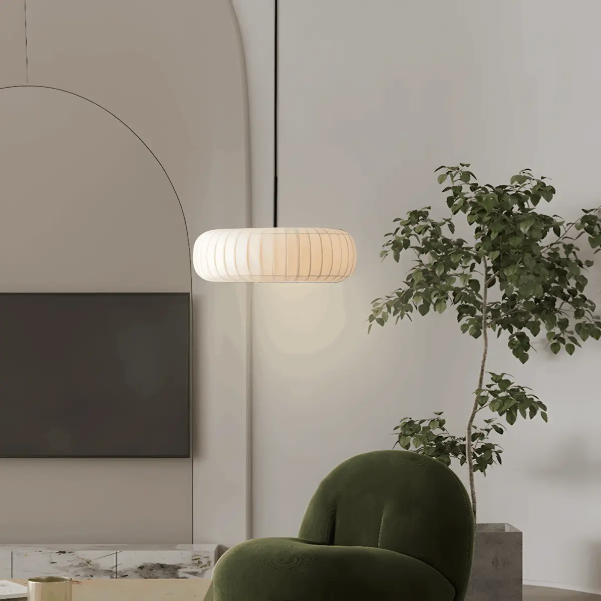 rossau tr36 silk pendant hanging above a green sofa chair
