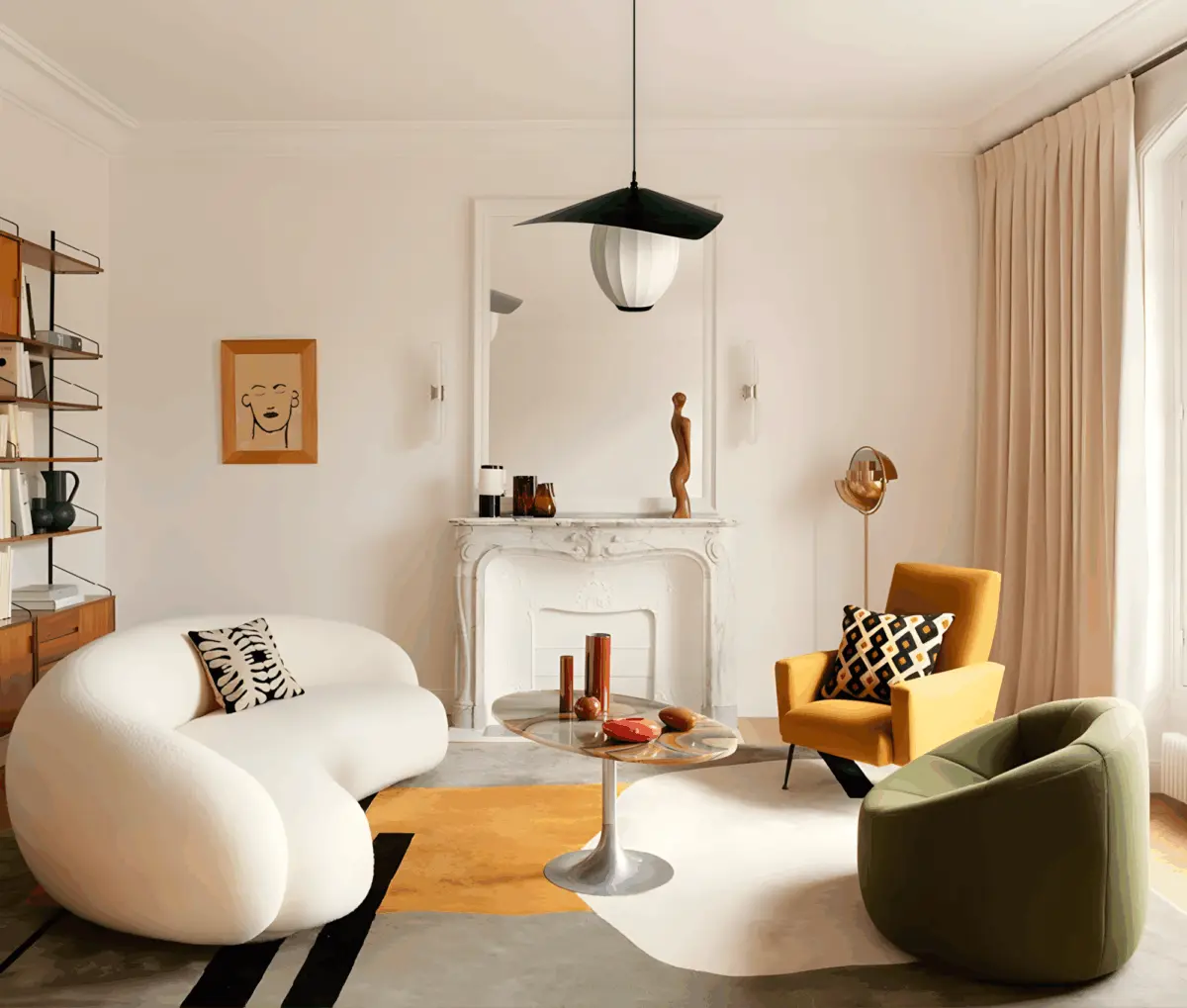 satellite silk made pendant light hanging in a small living room