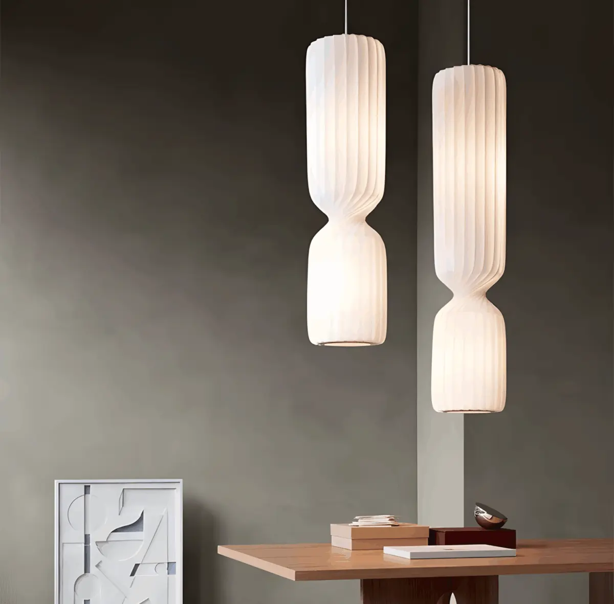 two lighted tom rossau tr41 pendant light hanging
