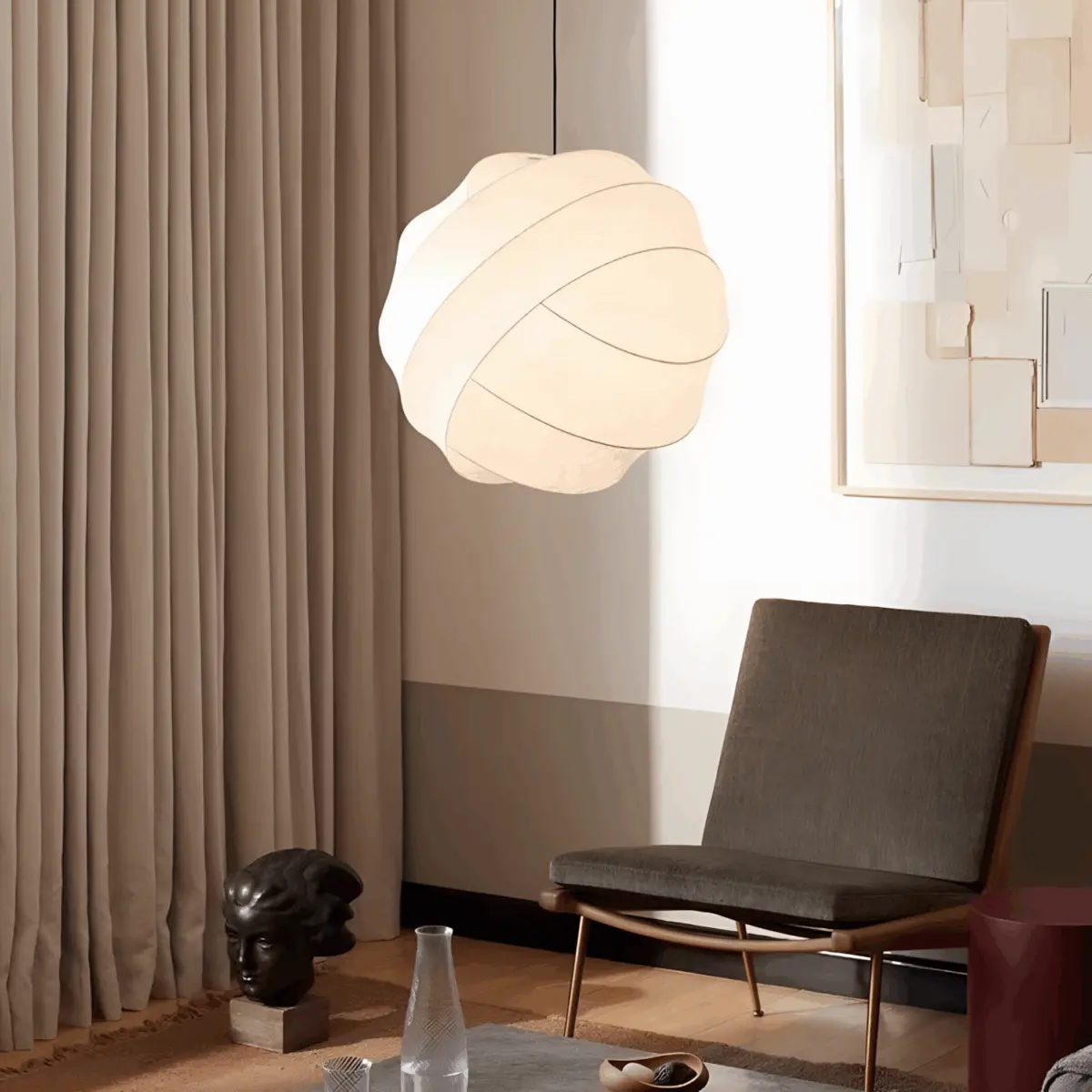 turner silk made pendant lamp in the coner with a chair
